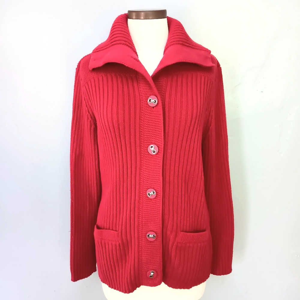 Charter Club cotton blend thick cable knit, mixed knit cardigan w pockets. XL.